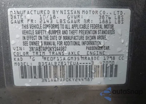 2019 Nissan Sentra S z USA, uszkodzony, nr VIN 3N1AB7AP0KY244987